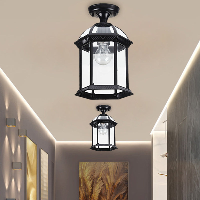 Traditional Flush Mount Cage Lantern with Single Bulb in Black/Brass, 8"/9.5" Wide