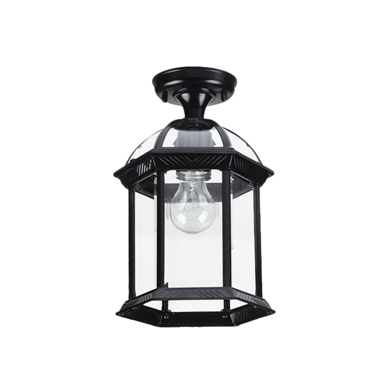 Traditional Flush Mount Cage Lantern with Single Bulb in Black/Brass, 8"/9.5" Wide