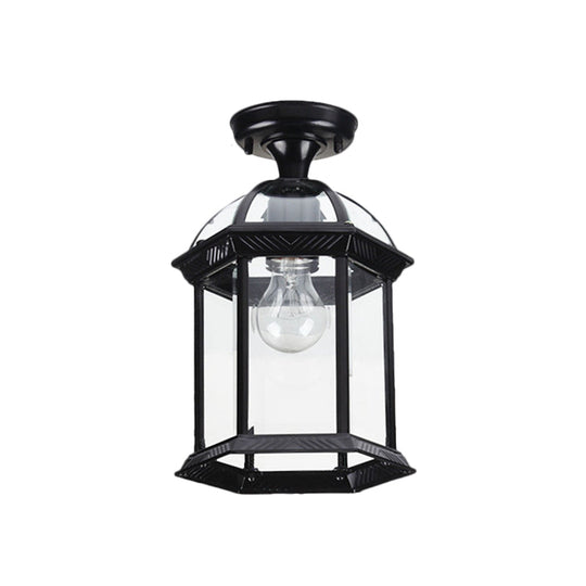 Traditional Flush Mount Cage Lantern with Single Bulb in Black/Brass, 8"/9.5" Wide