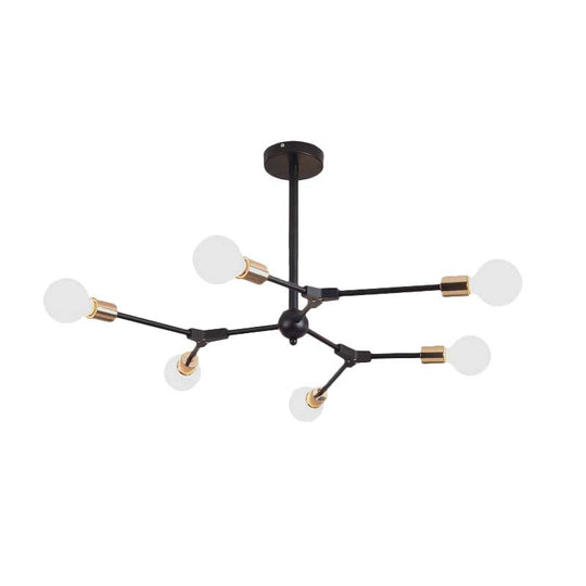 Retro Style Black Branch Suspension Light with Metallic Finish – Bedroom Chandelier Lamp (6/8 Lights) - Open Bulb Design