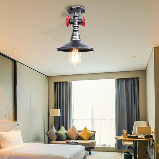 Industrial Cone Semi-Flush Ceiling Light with Red Faucet Valve in Black/Bronze for Bedroom