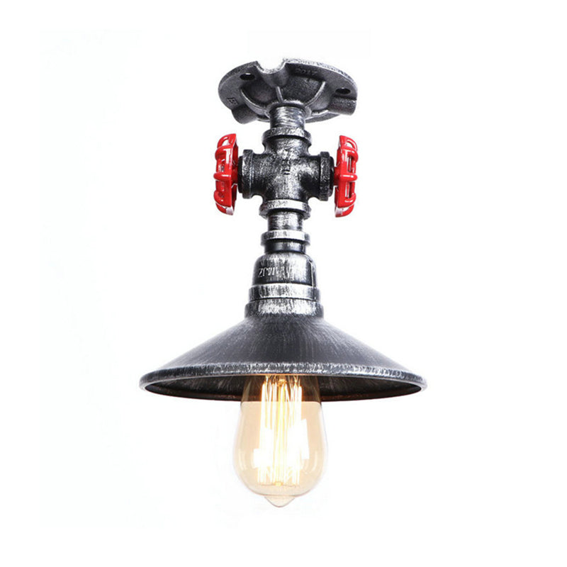 Industrial Cone Semi-Flush Ceiling Light with Red Faucet Valve in Black/Bronze for Bedroom