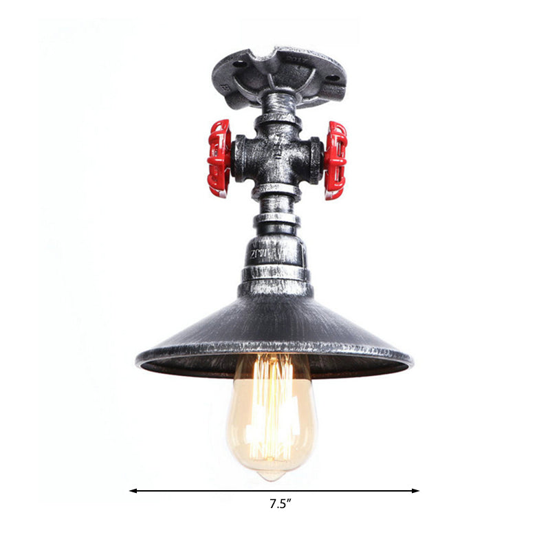 Industrial Cone Semi-Flush Ceiling Light with Red Faucet Valve in Black/Bronze for Bedroom