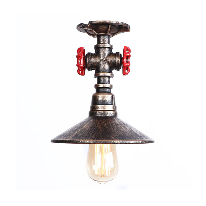 Industrial Cone Semi-Flush Ceiling Light with Red Faucet Valve in Black/Bronze for Bedroom