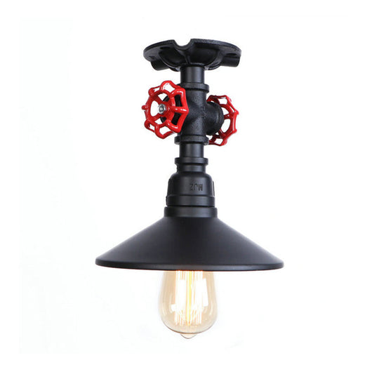 Industrial Cone Semi-Flush Ceiling Light with Red Faucet Valve in Black/Bronze for Bedroom