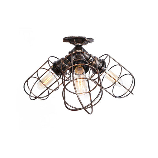 Semi Flush Farmhouse Pendant Light – Rustic Wrought Iron with Wire Frame – 3 Lights, Bronze/Aged Silver