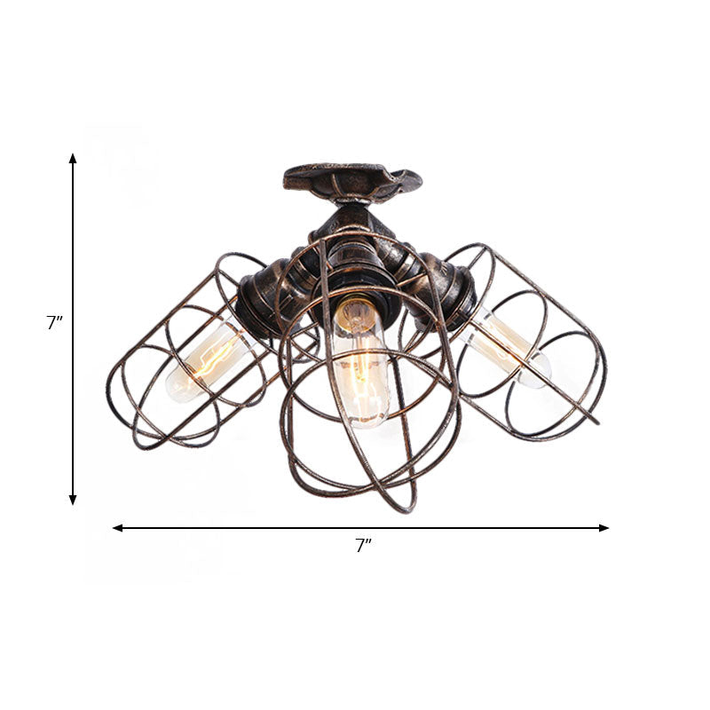 Semi Flush Farmhouse Pendant Light Rustic Wrought Iron With Wire Frame 3 Lights Bronze/Aged Silver