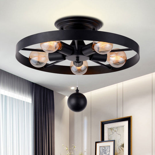 Industrial Style Wheel Semi Flush Light with Ball Accents - 5-Light Metal Ceiling Fixture, Black