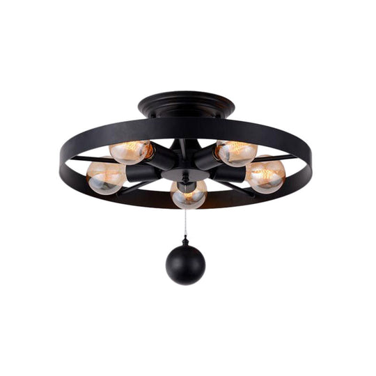 Industrial Style Wheel Semi Flush Light with Ball Accents - 5-Light Metal Ceiling Fixture, Black