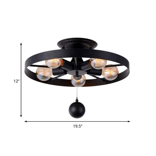 Industrial Style Wheel Semi Flush Light with Ball Accents - 5-Light Metal Ceiling Fixture, Black