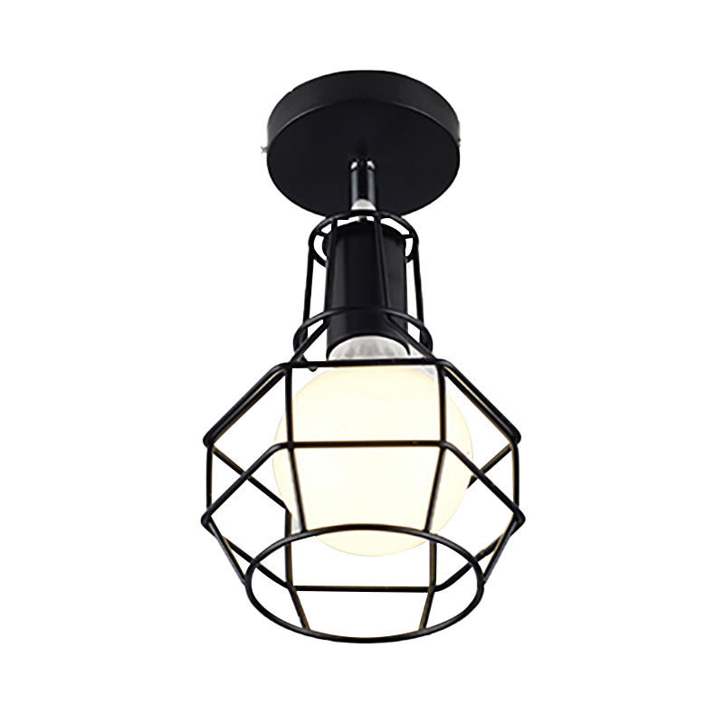 Industrial Coffee Shop Ceiling Light: Metallic Ball Semi Flush Lamp with Cage Shade - Black, 1 Light Fixture