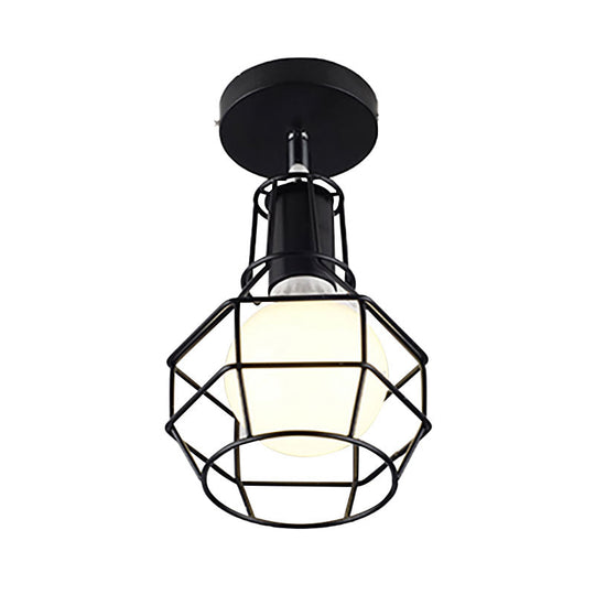 Industrial Coffee Shop Ceiling Light: Metallic Ball Semi Flush Lamp with Cage Shade - Black, 1 Light Fixture