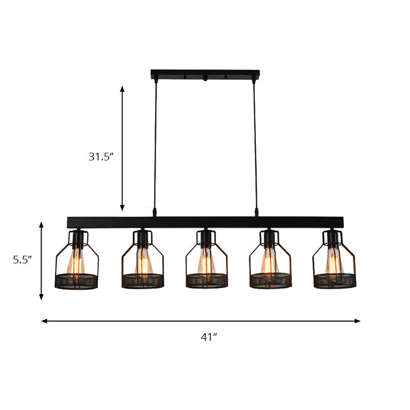 Vintage Industrial Island Light - Wire Guard Metal With 5 Lights Black