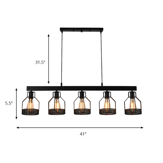 Vintage Industrial Island Light - Wire Guard Metal With 5 Lights Black