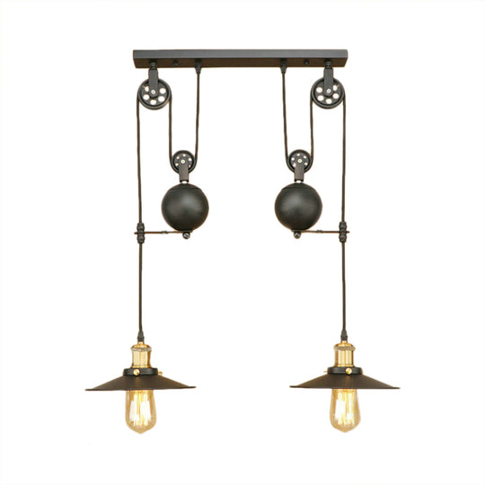 Wrought Iron Pendant Light Fixture with Black Finish - Antique Style Ceiling Light for Living Room (2 Bulbs, Flat Shade)