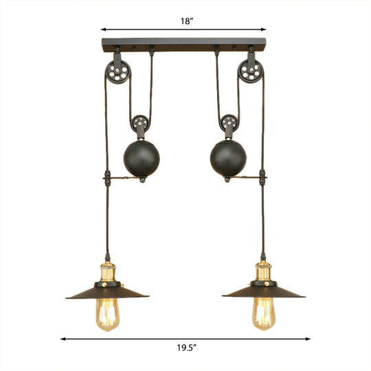 Wrought Iron Pendant Light Fixture with Black Finish - Antique Style Ceiling Light for Living Room (2 Bulbs, Flat Shade)