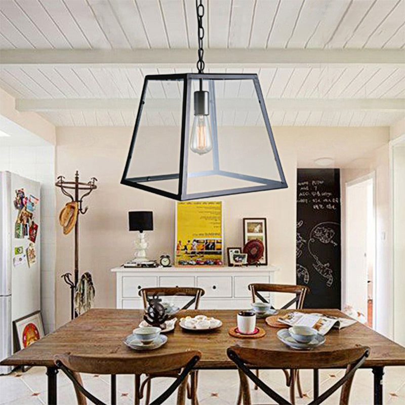 Industrial Trapezoid Pendant Light with Clear Glass & Black Finish, 7"/12" Wide