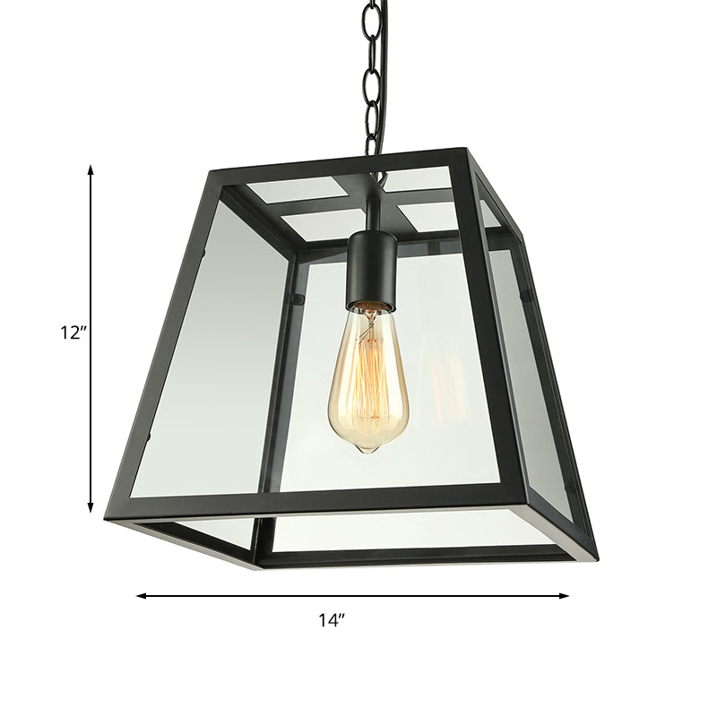 Industrial Trapezoid Pendant Light with Clear Glass & Black Finish, 7"/12" Wide