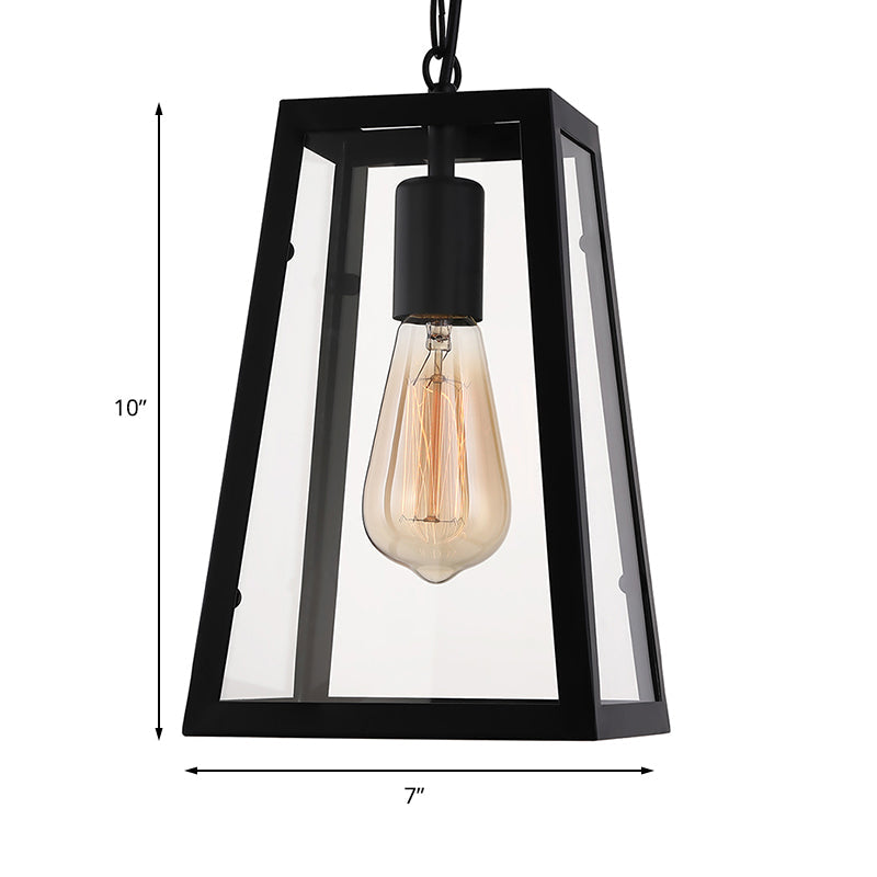 Industrial Trapezoid Pendant Light with Clear Glass & Black Finish, 7"/12" Wide