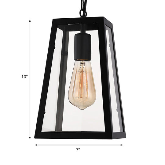 Industrial Trapezoid Pendant Light with Clear Glass & Black Finish, 7"/12" Wide