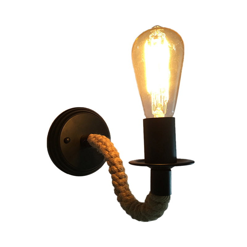 Sleek Black Wall Sconce With Curved Arm Industrial Rope & Metal Accent Exposed Bulb Corridor