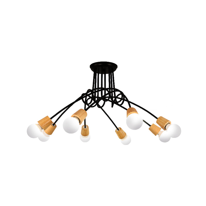 Loft Style Metal Ceiling Light With Open Bulb & Twisted Arm 3/5 Lights Wood Accent Perfect For