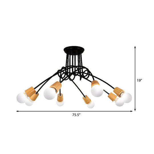 Loft Style Metal Ceiling Light with Open Bulb & Twisted Arm – 3/5 Lights, Wood Accent – Perfect for Kitchen & Semi Flush Pendant