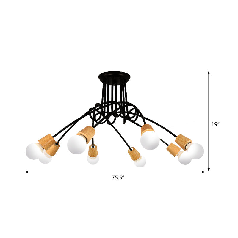 Loft Style Metal Ceiling Light With Open Bulb & Twisted Arm 3/5 Lights Wood Accent Perfect For