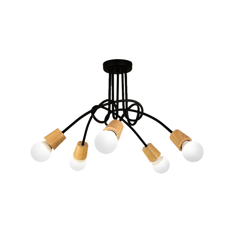 Loft Style Metal Ceiling Light With Open Bulb & Twisted Arm 3/5 Lights Wood Accent Perfect For