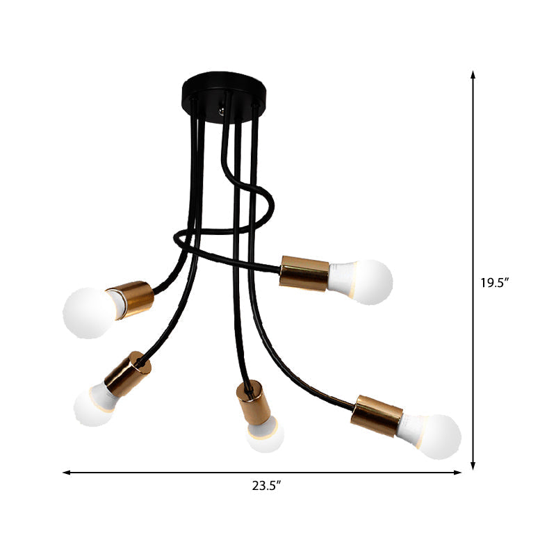 Industrial Iron Semi Flush Mount Light with 5 Gold Finish Heads and Curved Arm - Bare Bulb Ceiling Fixture