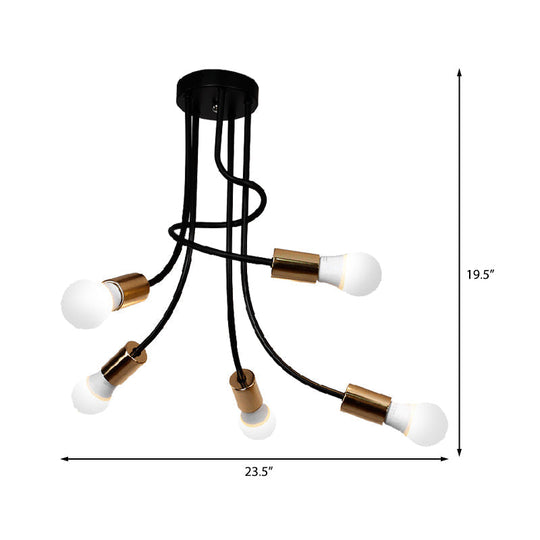 Industrial Iron Semi Flush Mount Light With 5 Gold Finish Heads And Curved Arm - Bare Bulb Ceiling