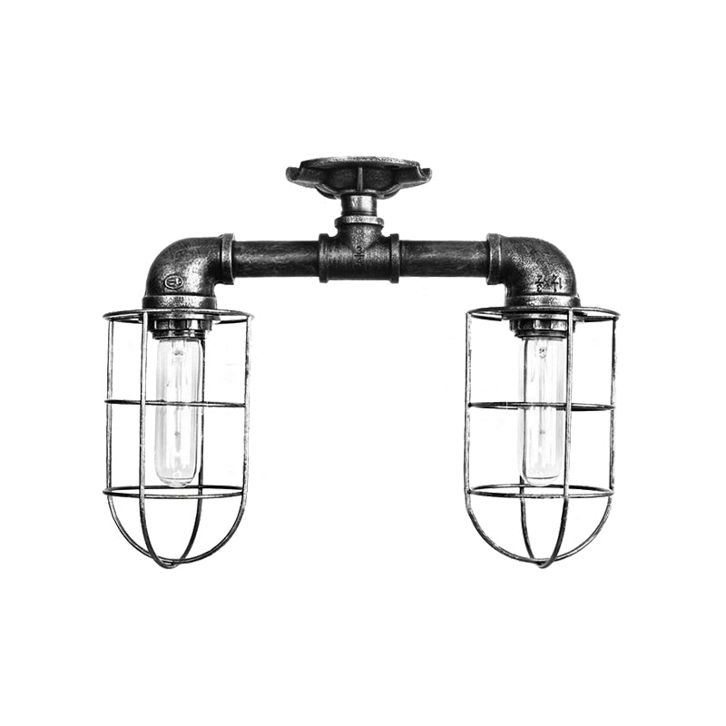 Industrial Iron Semi-Mount Ceiling Lighting with 2 Lights in Bronze/Aged Silver Finish