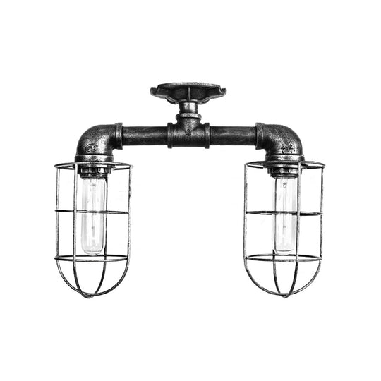 Industrial Iron Semi-Mount Ceiling Lighting with 2 Lights in Bronze/Aged Silver Finish