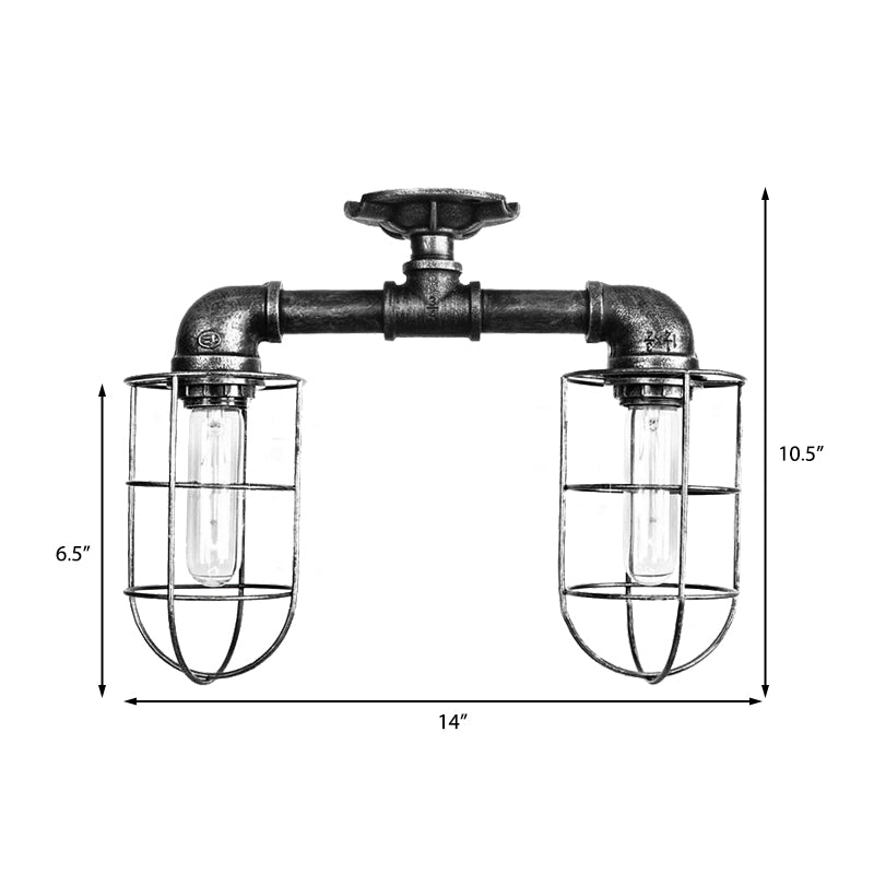 Industrial Iron Semi-Mount Ceiling Lighting with 2 Lights in Bronze/Aged Silver Finish