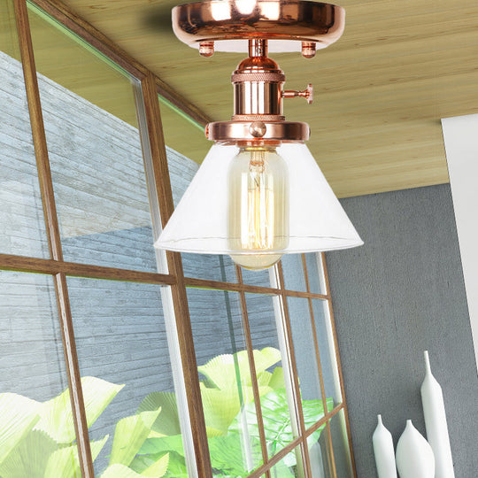 Semi Flush Mount Industrial Ceiling Light Fixture with Globe/Wide Flare/Diamond Design and Clear/Amber Glass Shade