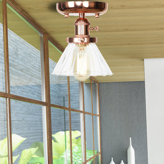 Semi Flush Mount Industrial Ceiling Light Fixture with Globe/Wide Flare/Diamond Design and Clear/Amber Glass Shade