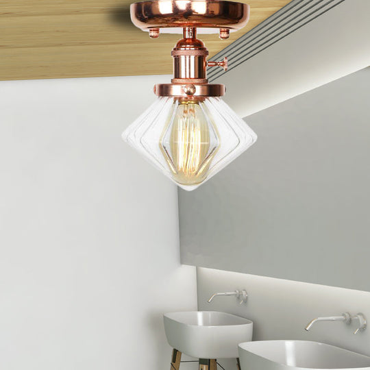 Semi Flush Mount Industrial Ceiling Light Fixture with Globe/Wide Flare/Diamond Design and Clear/Amber Glass Shade