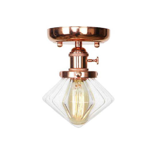 Semi Flush Mount Industrial Ceiling Light Fixture with Globe/Wide Flare/Diamond Design and Clear/Amber Glass Shade