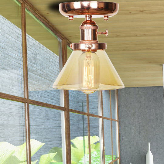 Semi Flush Mount Industrial Ceiling Light Fixture with Globe/Wide Flare/Diamond Design and Clear/Amber Glass Shade