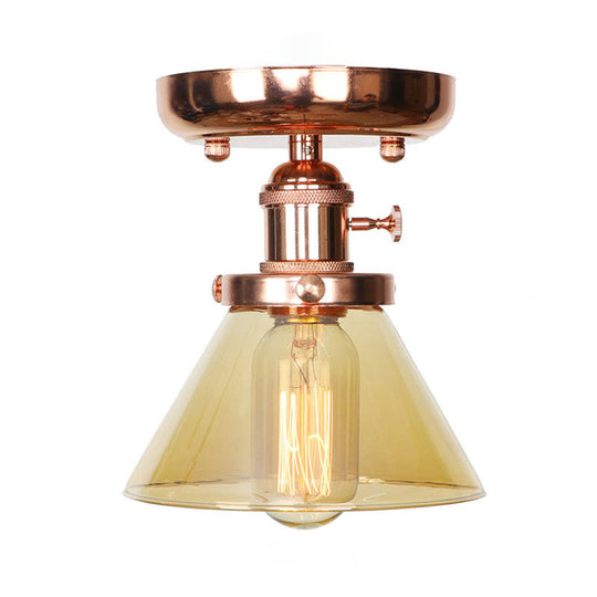 Semi Flush Mount Industrial Ceiling Light Fixture with Globe/Wide Flare/Diamond Design and Clear/Amber Glass Shade