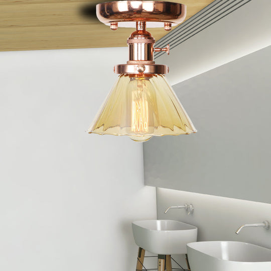 Semi Flush Mount Industrial Ceiling Light Fixture with Globe/Wide Flare/Diamond Design and Clear/Amber Glass Shade