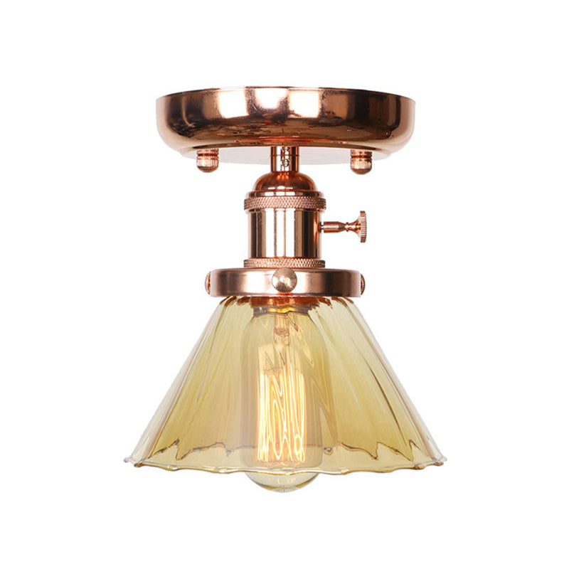 Semi Flush Mount Industrial Ceiling Light Fixture with Globe/Wide Flare/Diamond Design and Clear/Amber Glass Shade