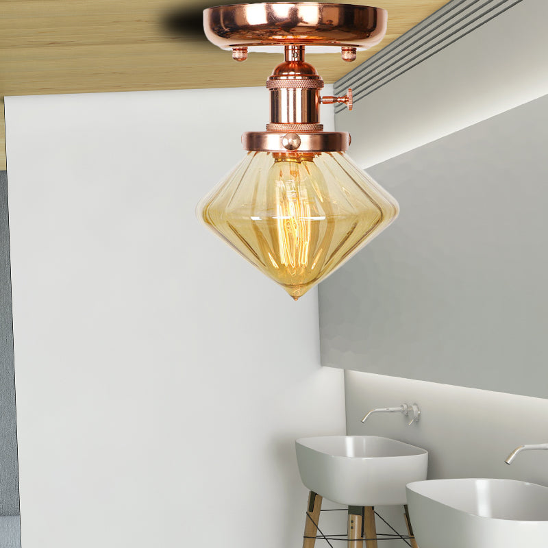 Semi Flush Mount Industrial Ceiling Light Fixture with Globe/Wide Flare/Diamond Design and Clear/Amber Glass Shade