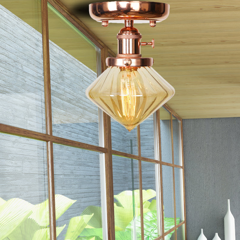 Semi Flush Mount Industrial Ceiling Light Fixture with Globe/Wide Flare/Diamond Design and Clear/Amber Glass Shade