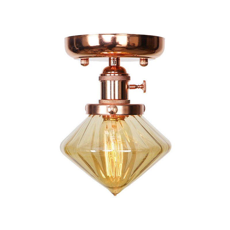 Semi Flush Mount Industrial Ceiling Light Fixture with Globe/Wide Flare/Diamond Design and Clear/Amber Glass Shade