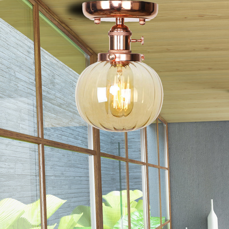 Semi Flush Mount Industrial Ceiling Light Fixture with Globe/Wide Flare/Diamond Design and Clear/Amber Glass Shade