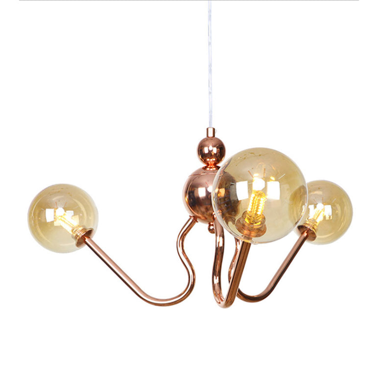 Industrial Copper 3-Light Chandelier with Clear/Amber Glass Globes, Dining Room Pendant Fixture