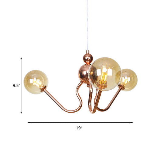 Copper Industrial Chandelier With 3 Clear/Amber Glass Lights For Dining Room Pendant