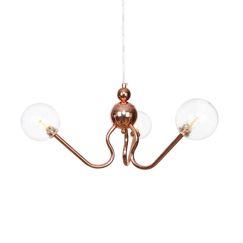 Industrial Copper 3-Light Chandelier with Clear/Amber Glass Globes, Dining Room Pendant Fixture