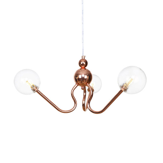 Industrial Copper 3-Light Chandelier with Clear/Amber Glass Globes, Dining Room Pendant Fixture